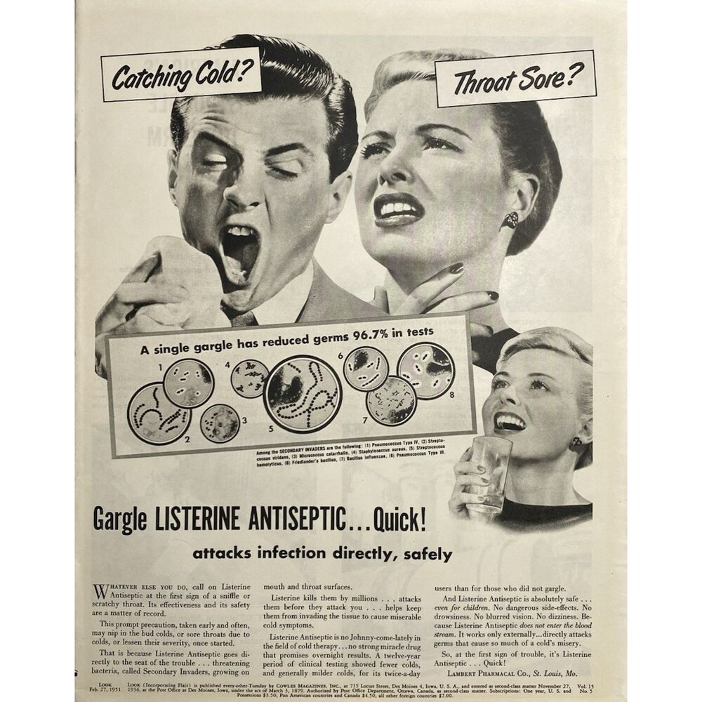 Listerine Antiseptic "Gargle Quick! Attack infection directly" Vtg Print Ad 1951
